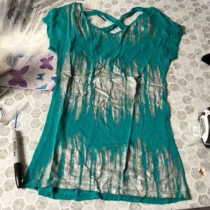 Deb Small Green Silver Criss Cross Back Short Sleeve T Shirt